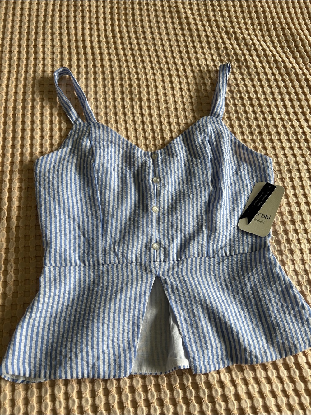 meraki Blue and White Striped Seersucker Tank Top